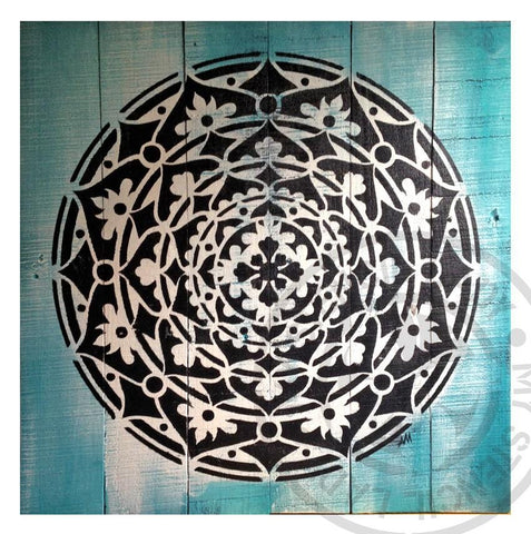 My Stencil Lady Mandala Timber Art Black and White on Turquoise **SOLD** Chalk Painting Furniture Decor Stencils Spiritual Yoga Mandalas Stencils Wall Floor Tiles Craft Cake Kids Walls Floors Tiles Cakes Kids