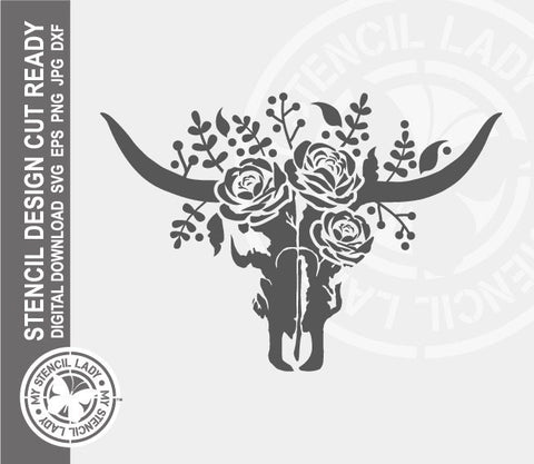 Cow Skull Roses 959 Stencil Digital Download Laser Cricut Cut Ready Design Templates SVG PNG JPG EPS DXF Files