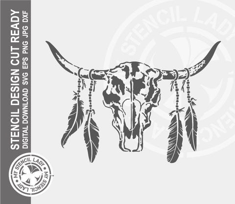 Cow Skull Feathers 961 Stencil Digital Download Laser Cricut Cut Ready Design Templates SVG PNG JPG EPS DXF Files