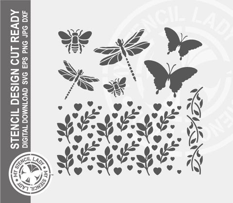 Mixed Insects Butterflies Dragonfiles 1411 Stencil Digital Download Laser Cricut Cut Ready Template SVG PNG JPG EPS DXF Files