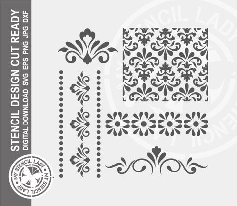 Damask Flourish Pattern Set 1417 Stencil Digital Download Laser Cricut Cut Ready Templates SVG PNG JPG EPS DXF Files