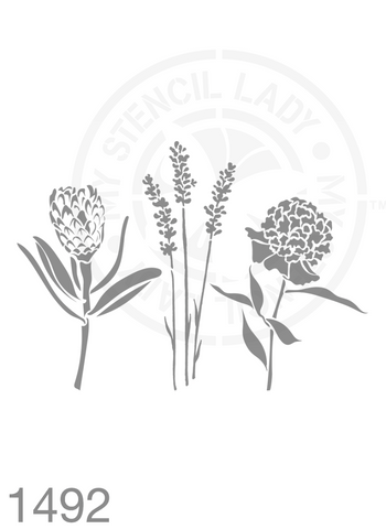 Protea, Lavender, Peony Hand Drawn Illustration Stencil 1492 Plants and flowers reusable stencils